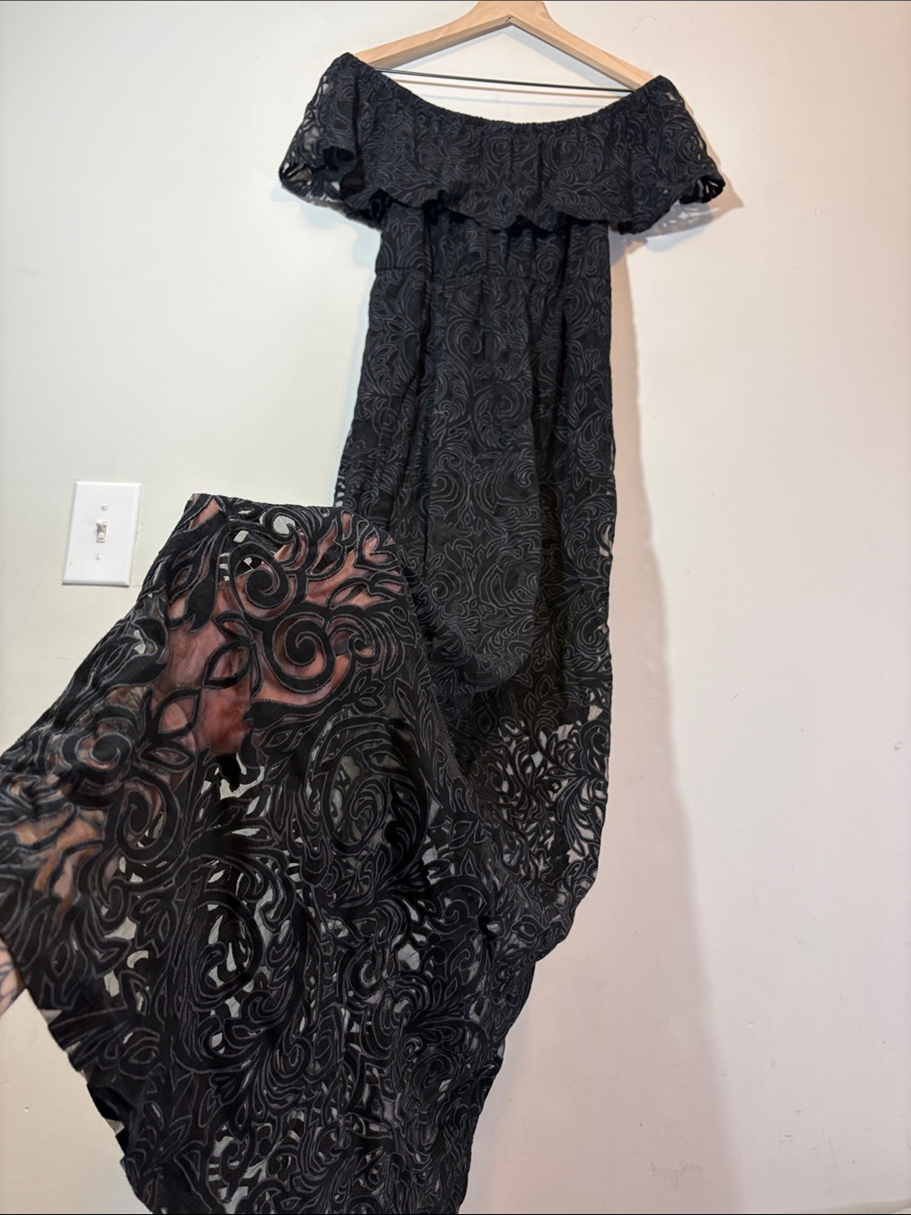 Soma Black Off Shoulder Flutter Ruffle Sheer Burnout Lace Gothic Brocade Maxi